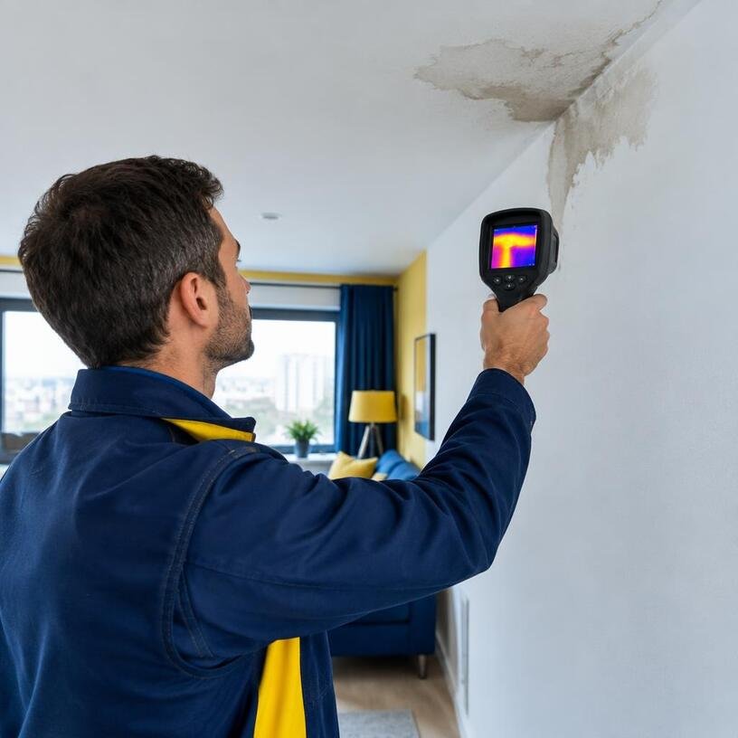 Técnico utilizando câmera térmica para detectar infiltração em apartamento