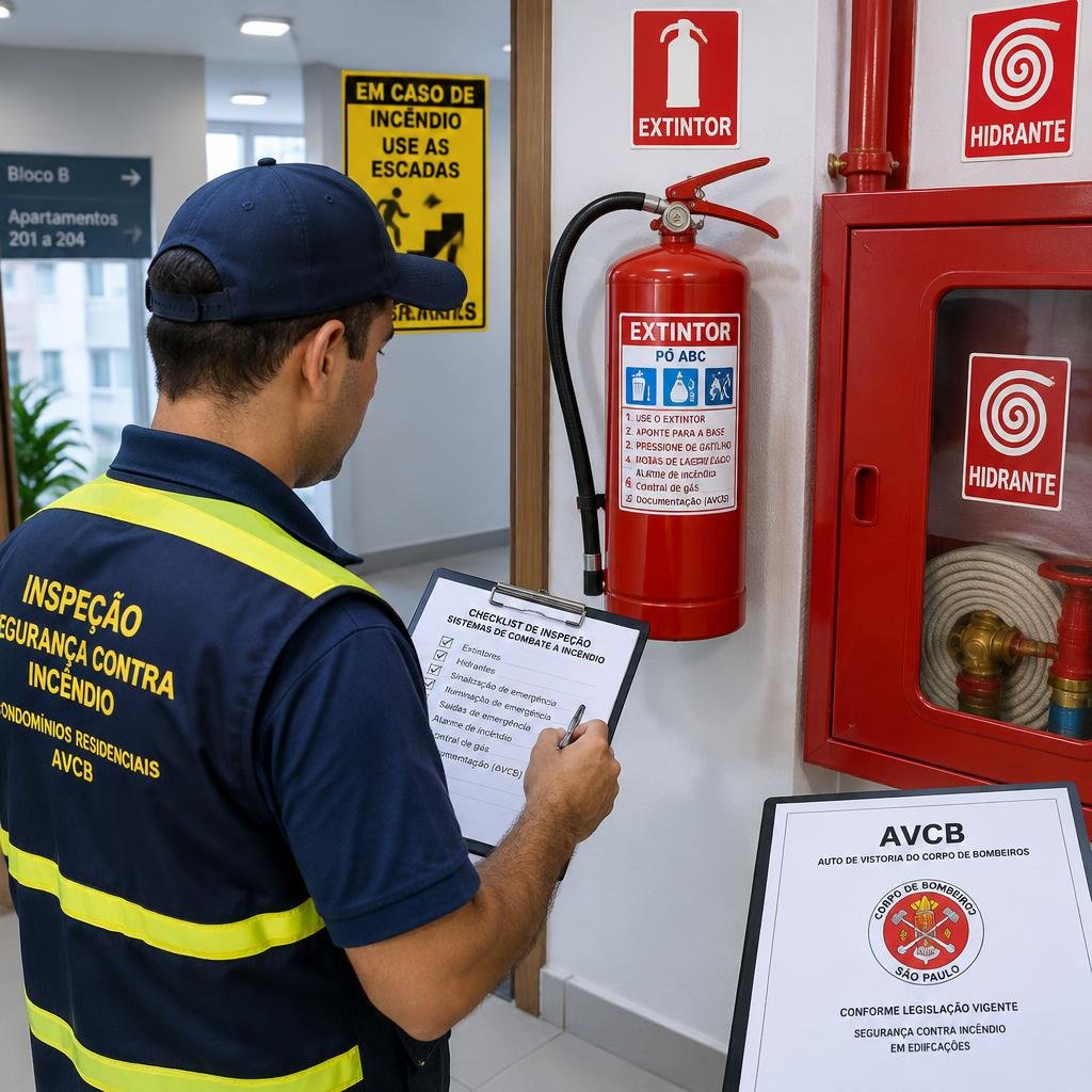 Técnico verificando extintores e hidrantes em condomínio