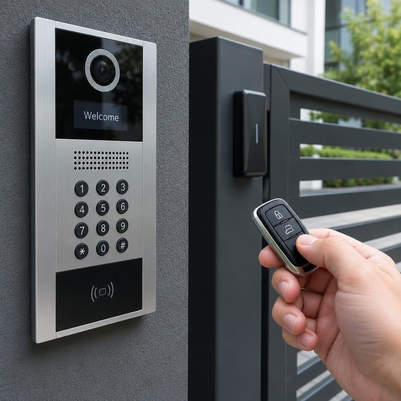 Painel de interfone e controle remoto de portão