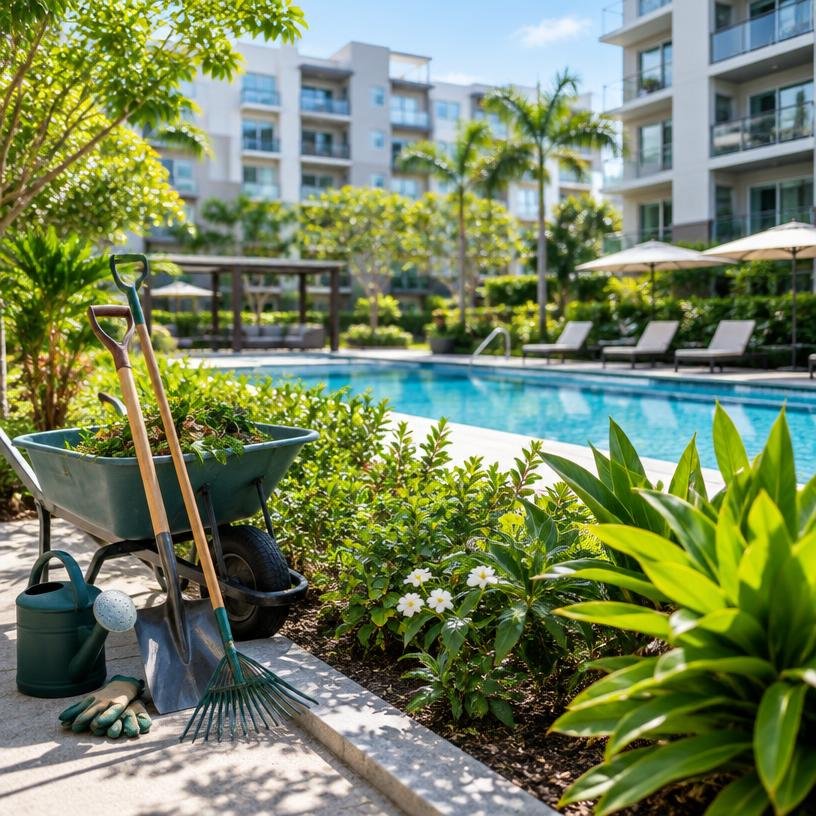 Área de lazer de condomínio com piscina e jardinagem