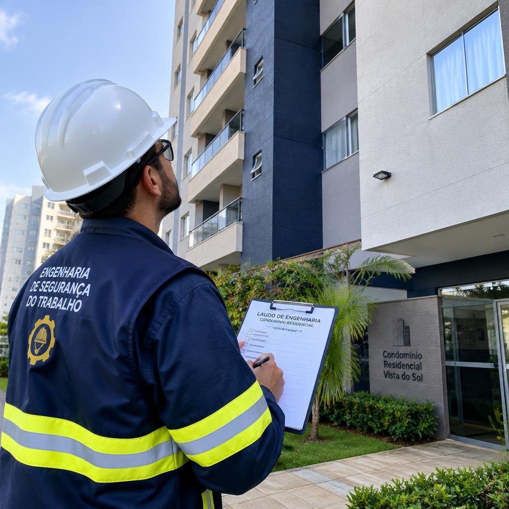 Engenheiro de segurança inspecionando fachada de condomínio