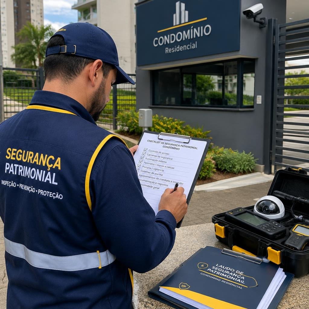 Técnico fazendo inspeção de segurança patrimonial em condomínio