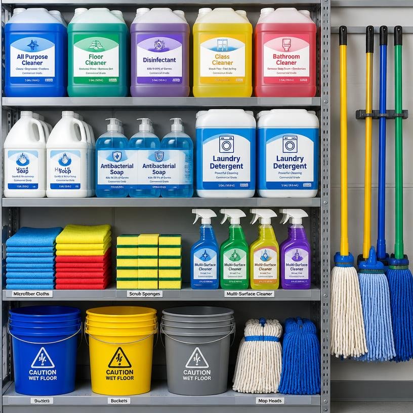 Produtos de limpeza industriais em prateleiras
