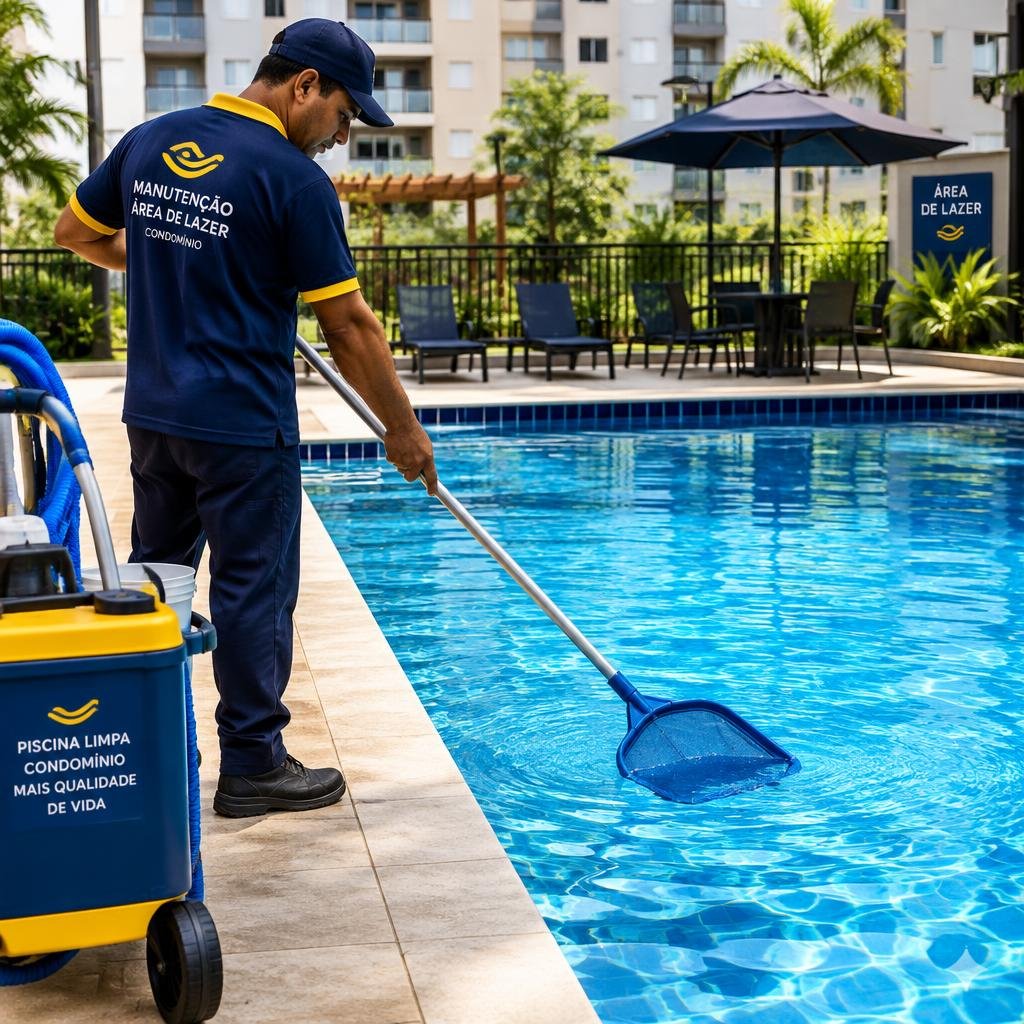 Profissional limpando piscina de condomínio