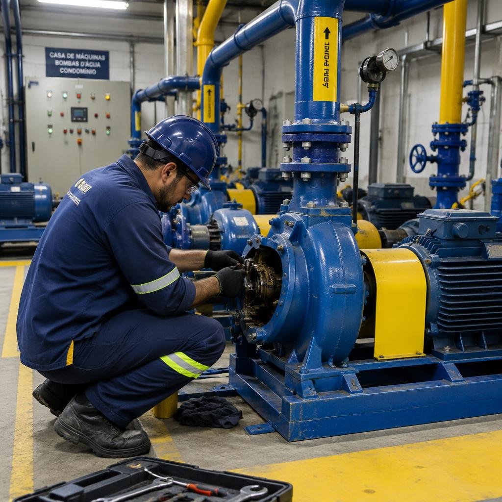 Técnico fazendo manutenção de bombas hidráulicas em casa de máquinas