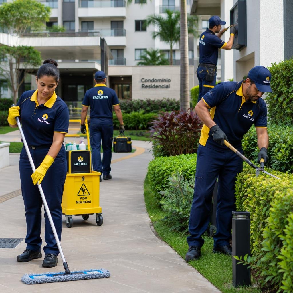 Equipe de facilities trabalhando em área externa de condomínio