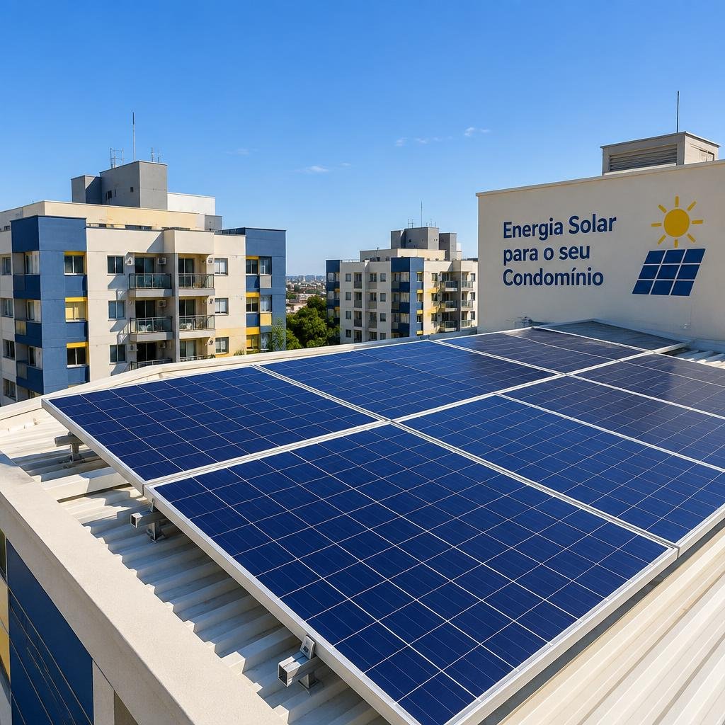 Placas solares fotovoltaicas em cobertura de prédio residencial