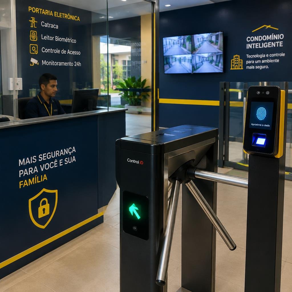 Catraca eletrônica com leitor biométrico em portaria de condomínio